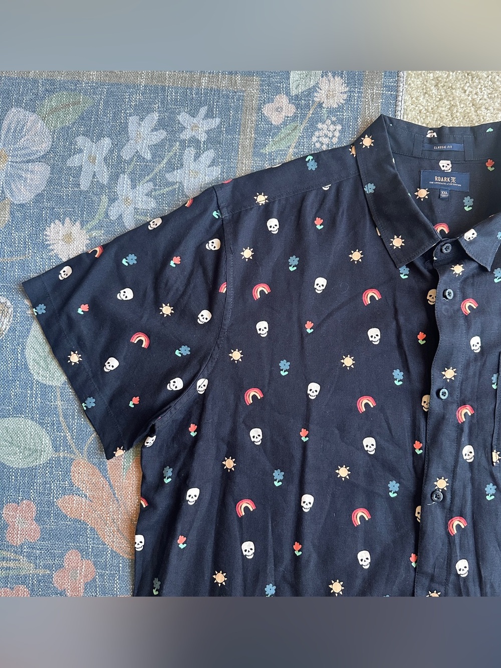 Roark Classic Fit Black Skull & Rainbow Print Short Sleeve Collared Shirt